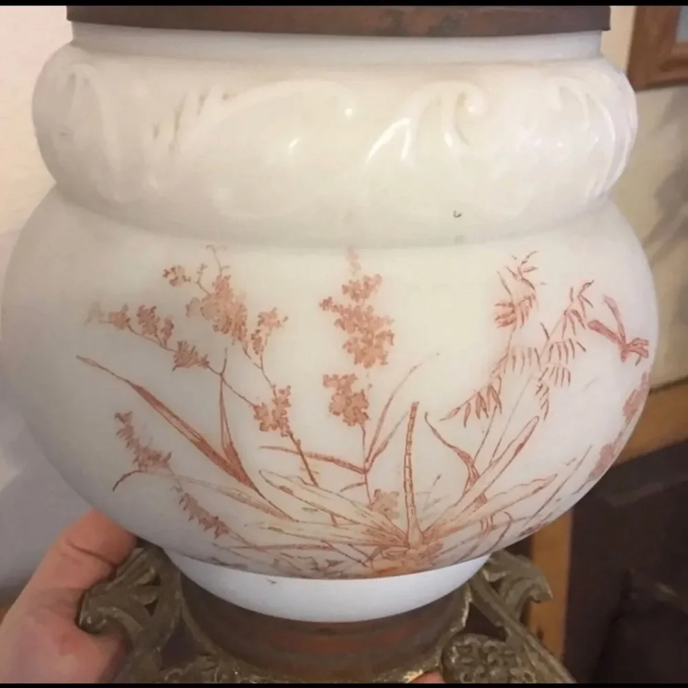 Antique 1800s hand painted floral oil lamp